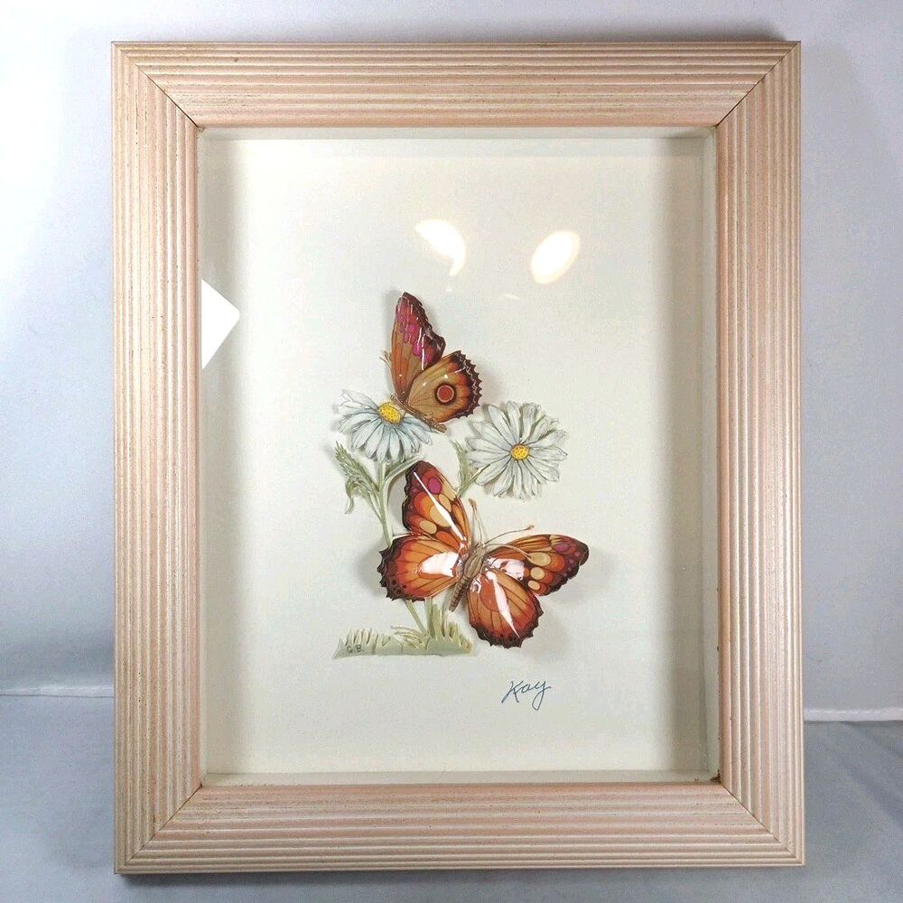 VTG Two Butterflies With Daisies Glossy DYI‎ 3D Shadow Box Framed Signed Artwork